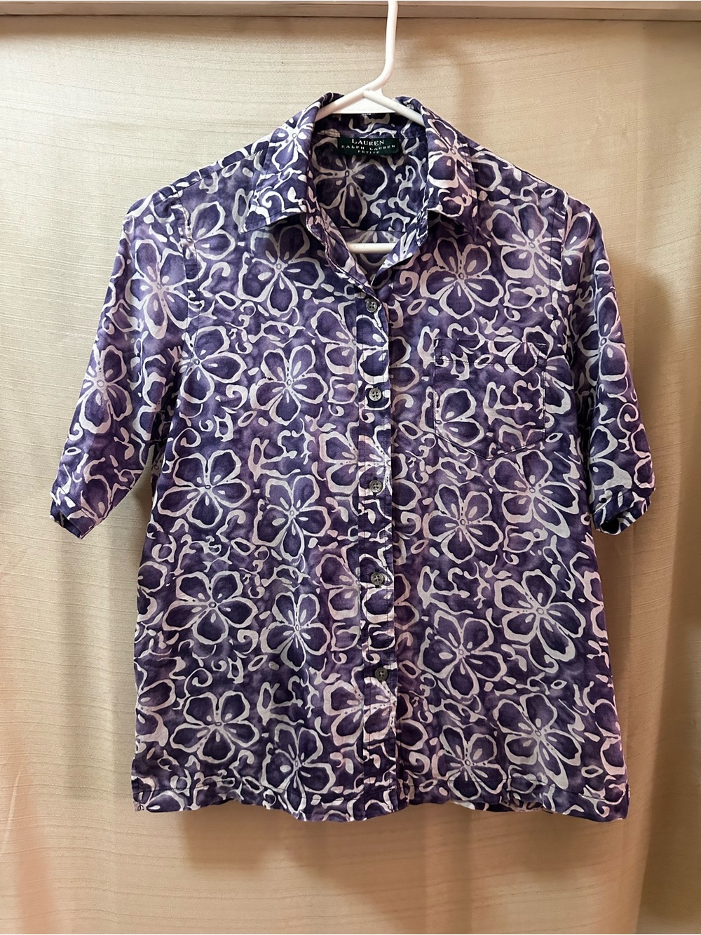 Lauren Ralph Lauren Petite Purple Floral Button Front Short Sleeve Shirt Top